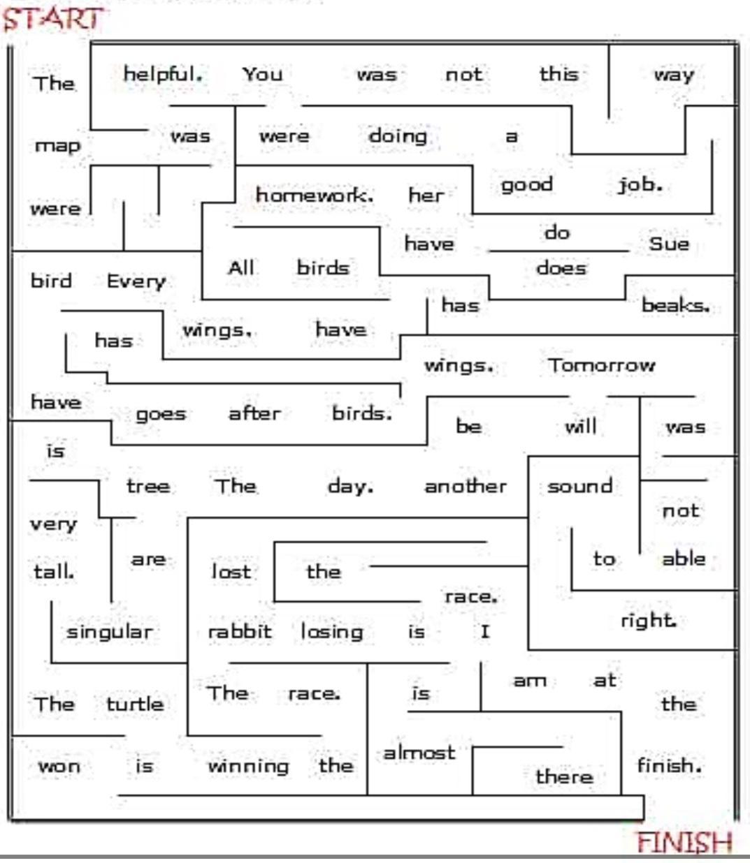 Connect the words in each sentence. Find your way from the beginning of the maze to the end