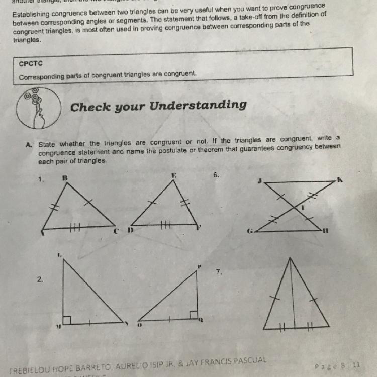 Check your Understanding A. State whether the triangles are congruent