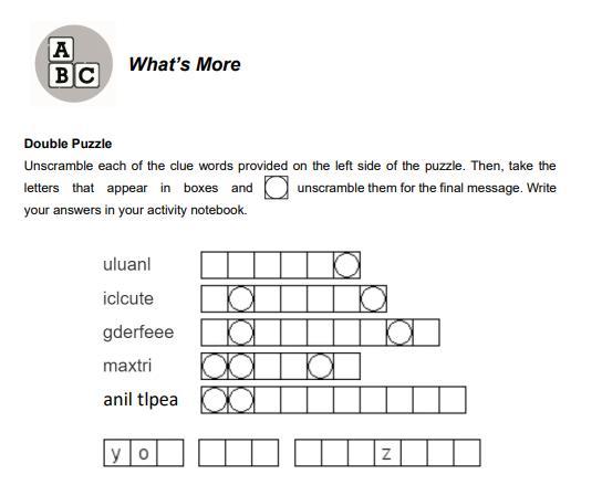 Unscramble each of the clue words provided on the left side of the