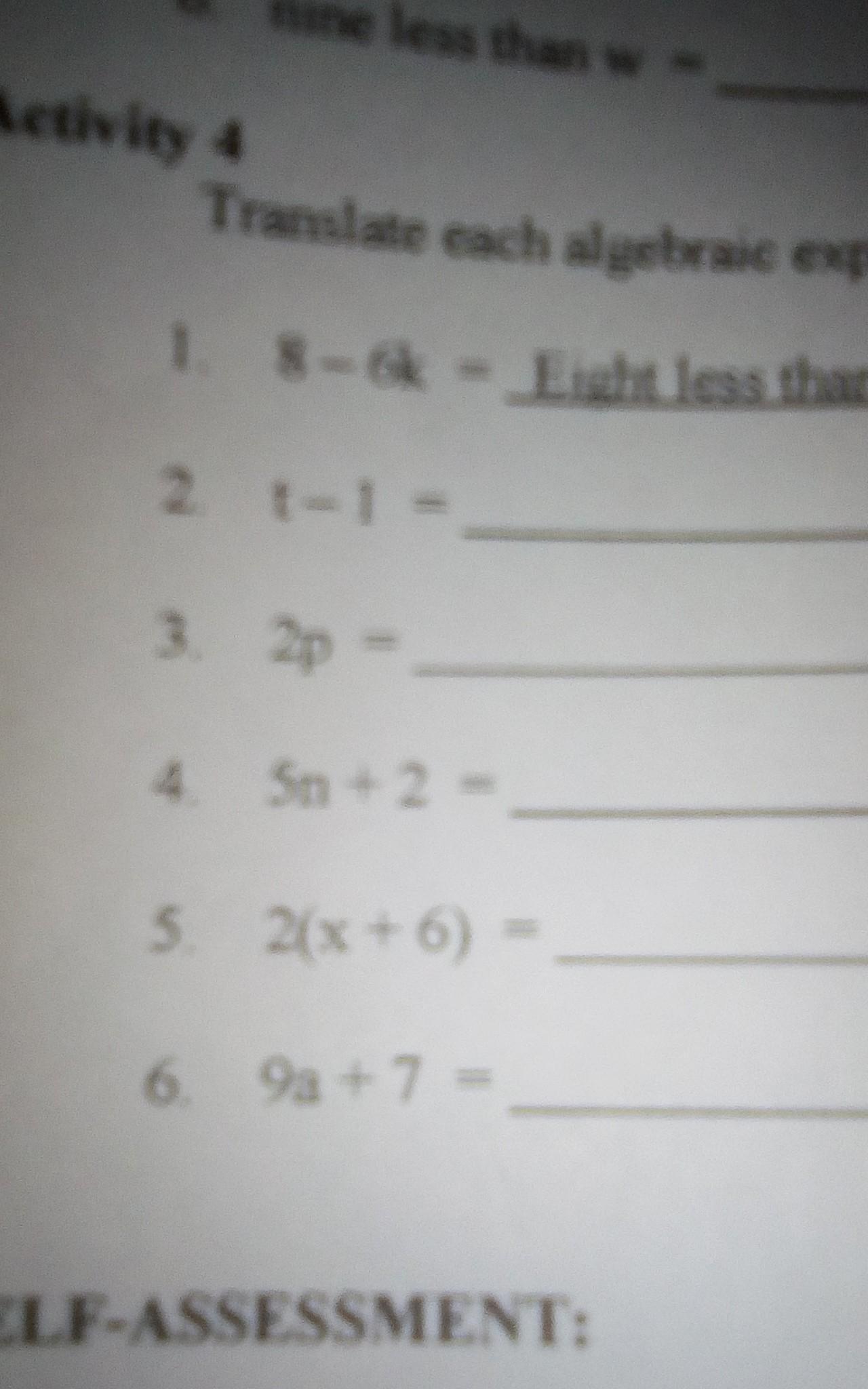 translate each algebraic expression into word phrases - Brainly.ph