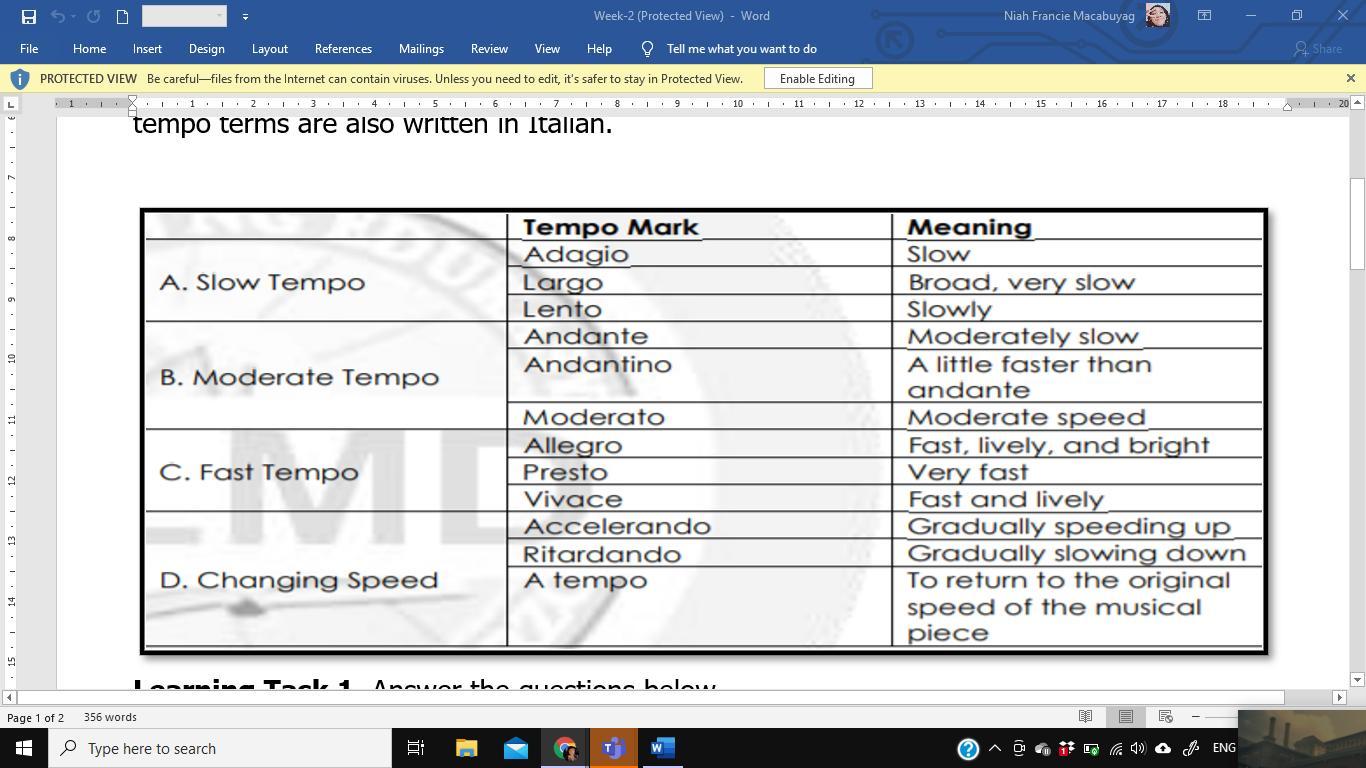 Learning Task 1. Answer the questions below. 1. What is tempo? Brainly.ph
