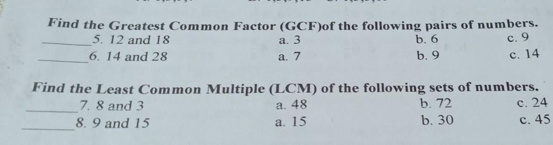 Find the Greatest Common Factor (GCF)of the following pairs of numbers