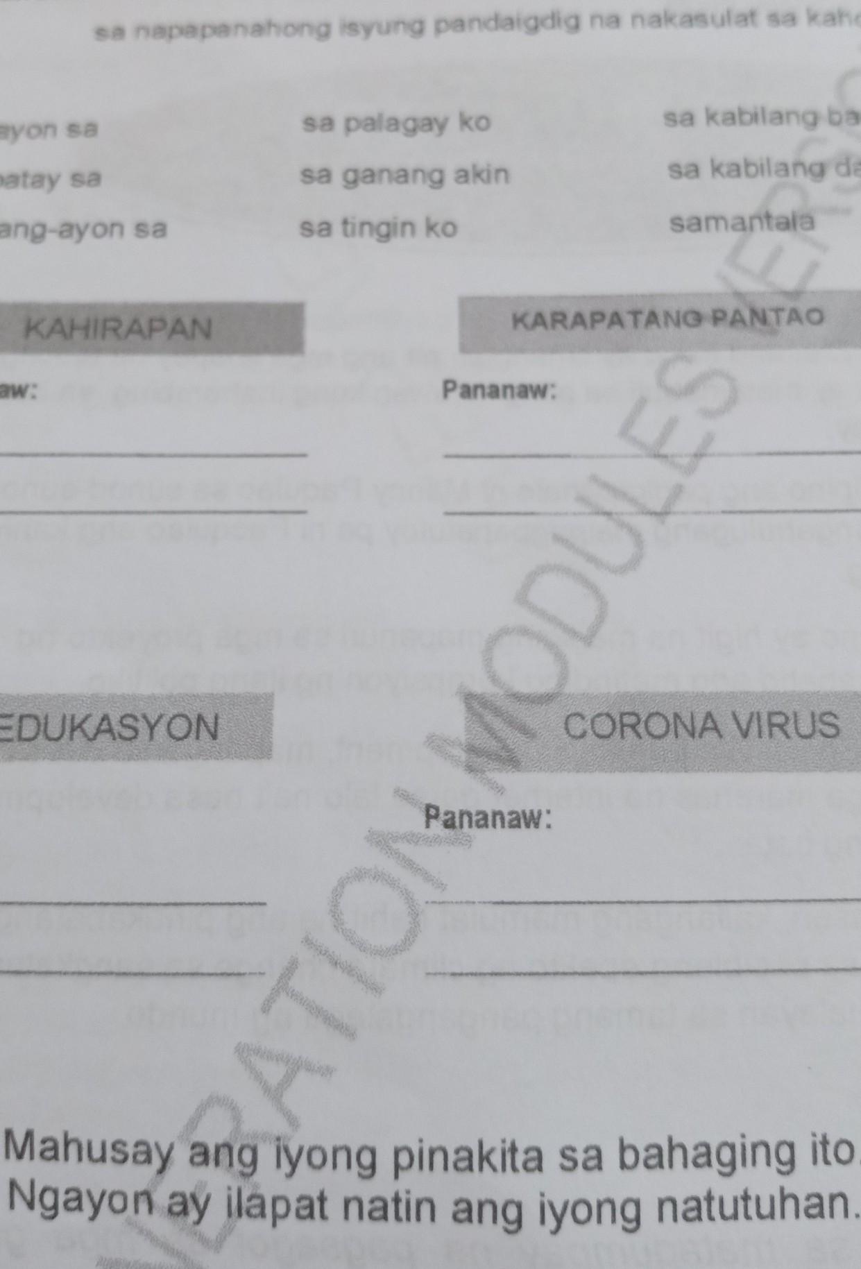 gamitin ang sumusunod na salita sa paglalahad ng iyong pananaw tungkol