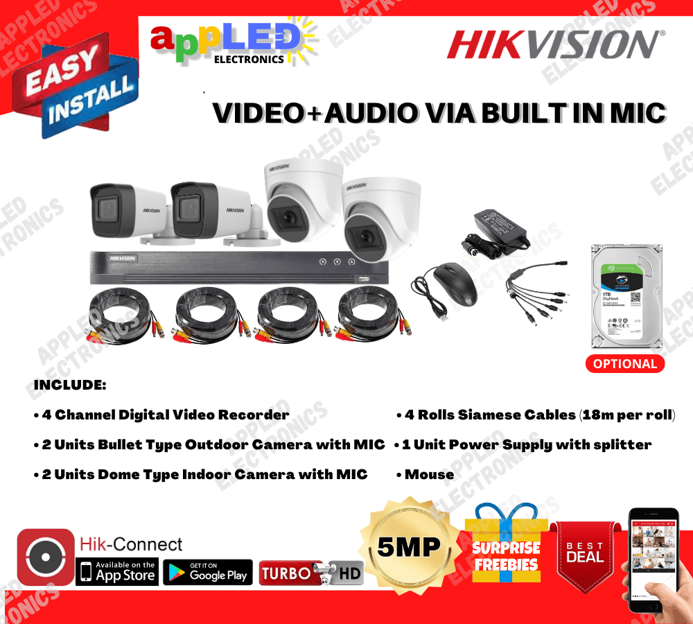 HIKVISION CCTV PACKAGE WITH AUDIO PICKUP/RECORDING 5MP 4 CAMERAS WITH