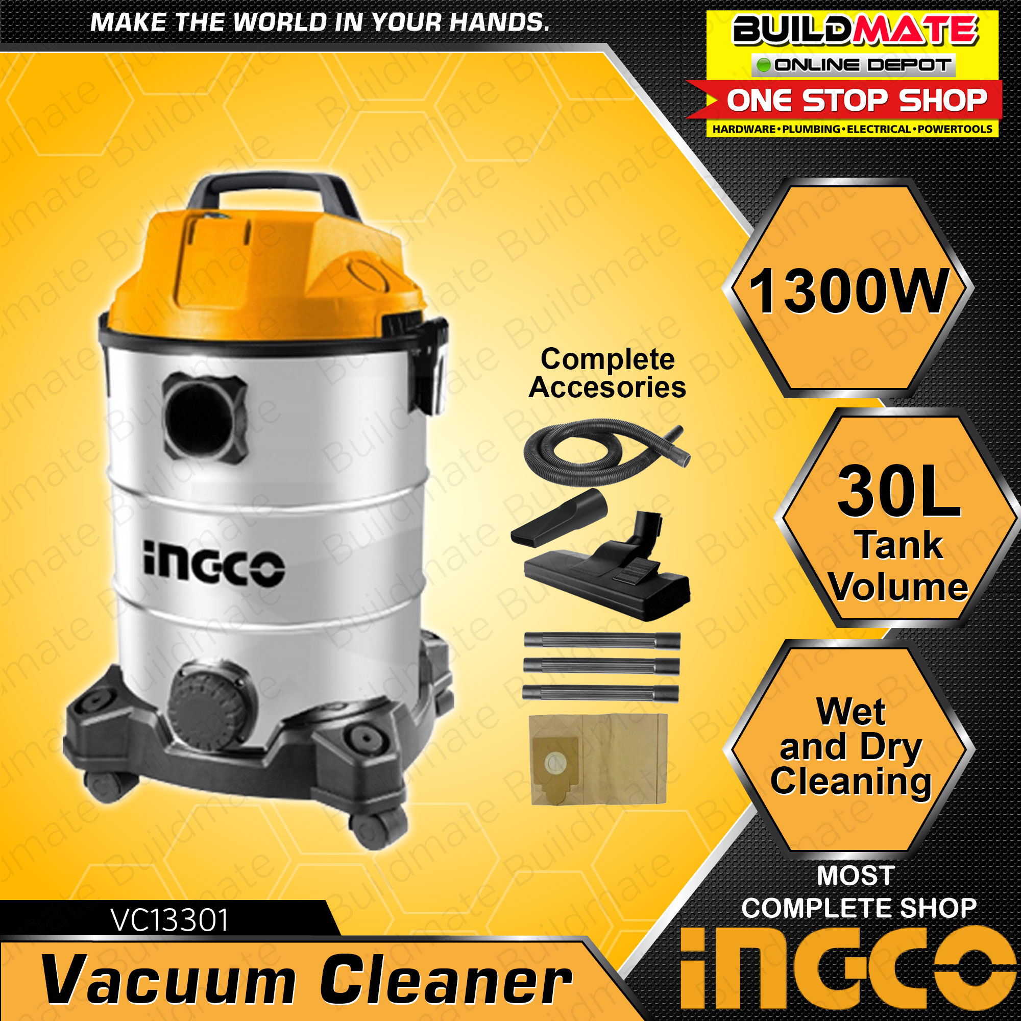 INGCO Wet and Dry Vacuum Cleaner 30L 1300W VC13301 BUILDMATE IPT
