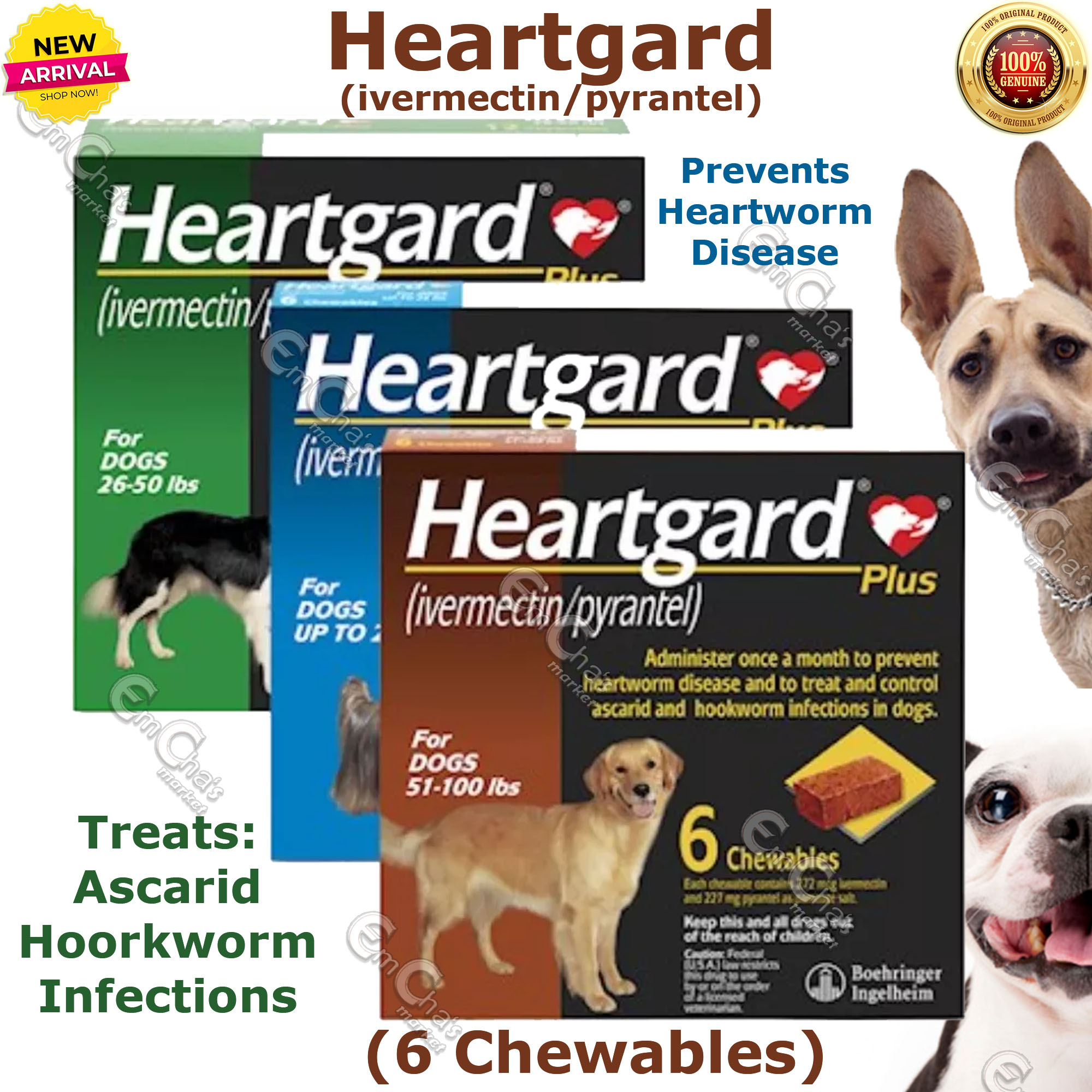 Heartgard Plus for Dogs 6 Chewables Dog Heartworm Disease Dog Hookworm