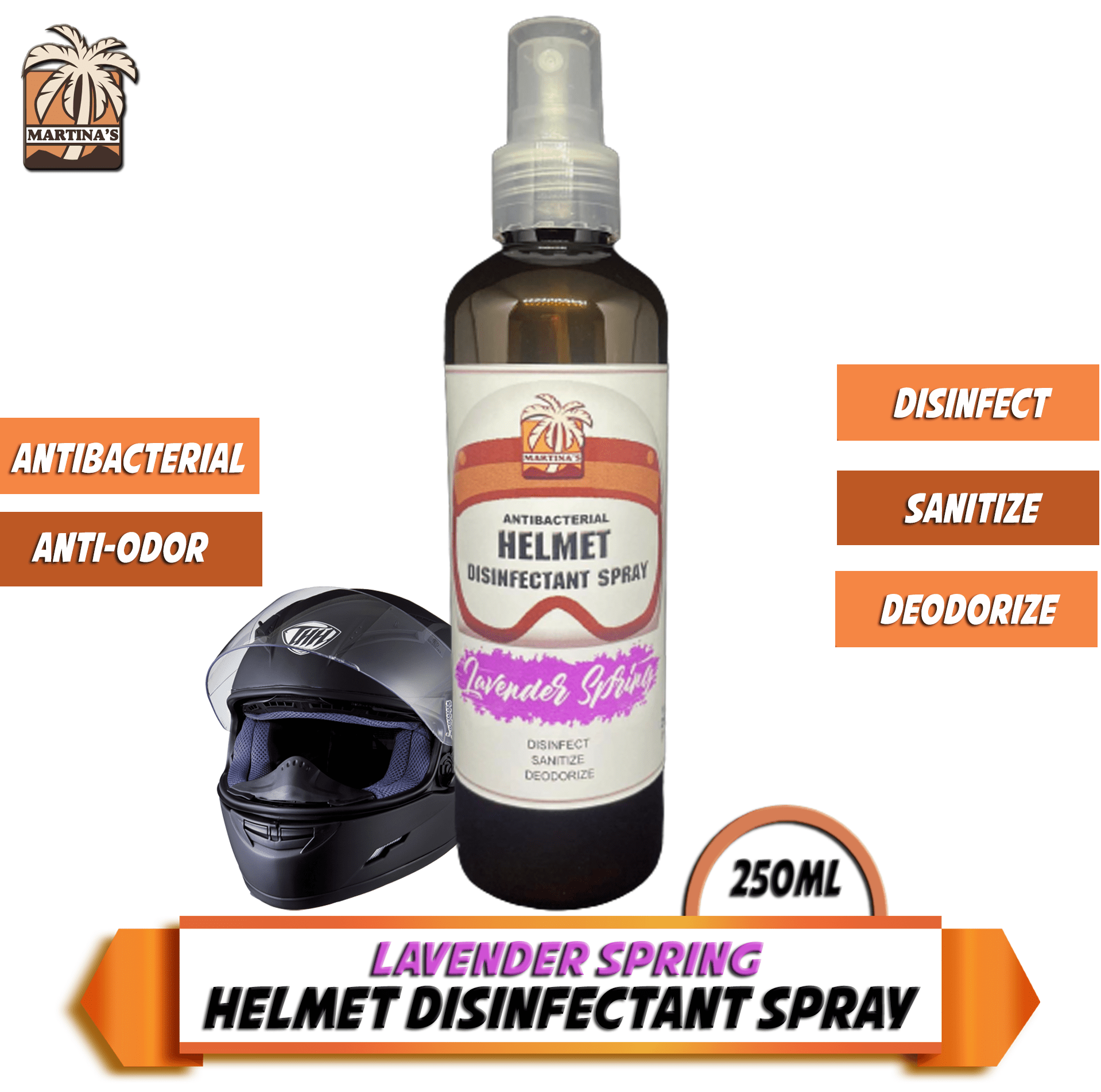 HELMET DISINFECTANT SPRAY, Lavender Spring Scent (250ml) 100 Safe