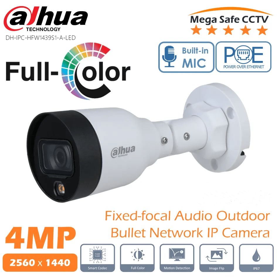 Dahua DH-IPC-HFW1439S1-A-LED-S4 4MP Full-color H.265 PoE Audio Outdoor