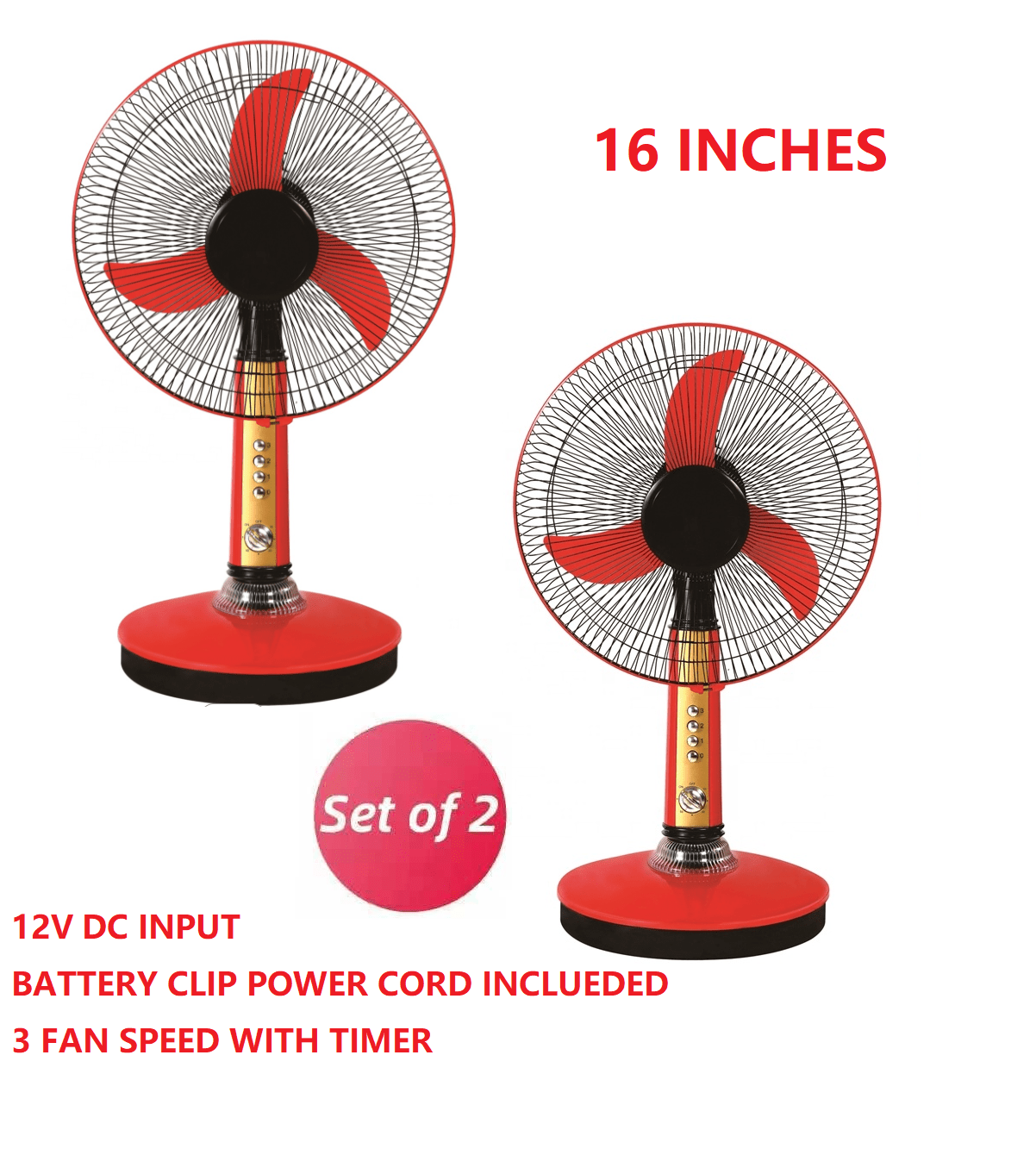 16 Inches 12Volts DC Stand Fan Electric Fan with 60 Minute Timer SET OF