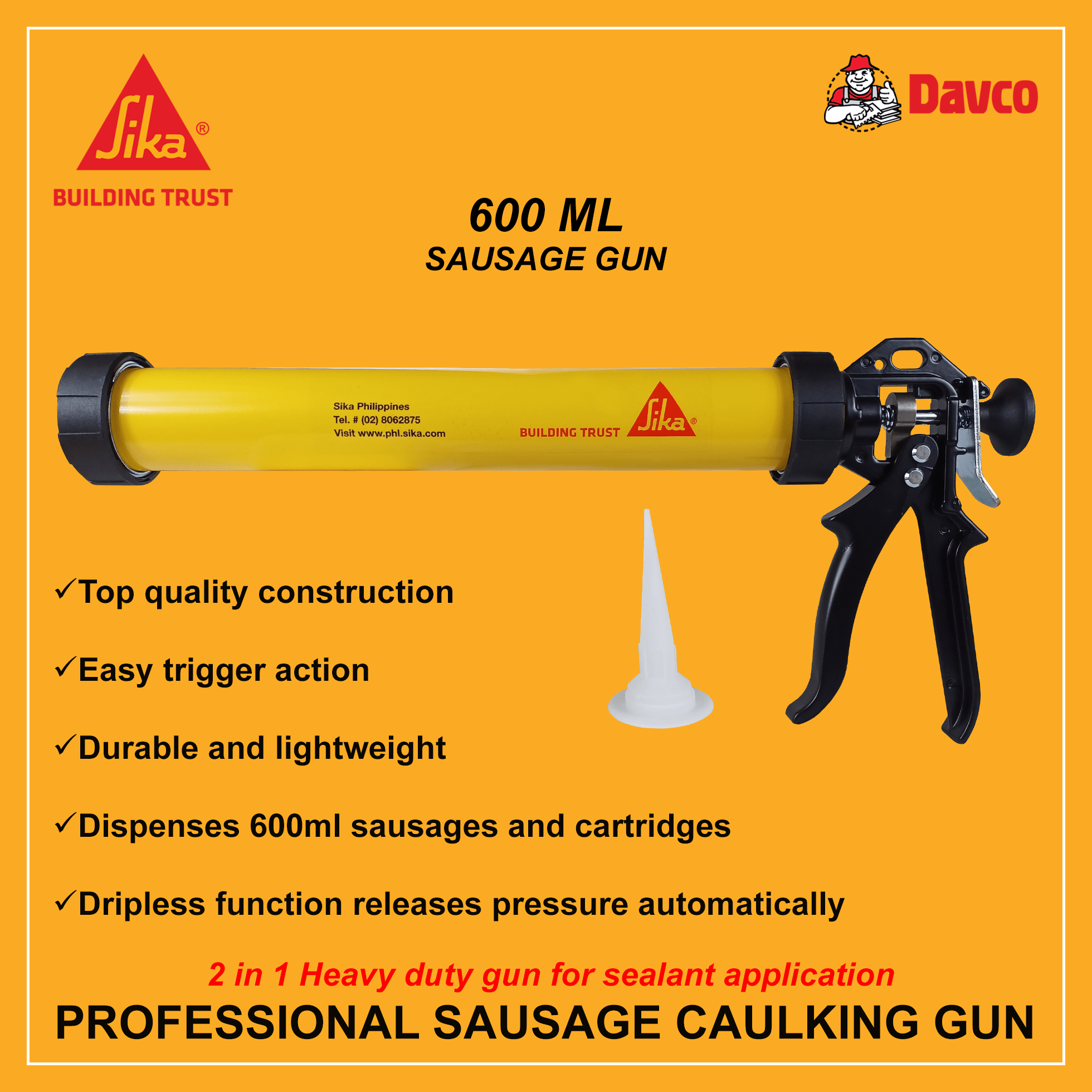 Sika Heavy Duty Caulking Gun Cartridge 2 In 1 Sausage Gun For Sikaflex Sealant Application 600ML