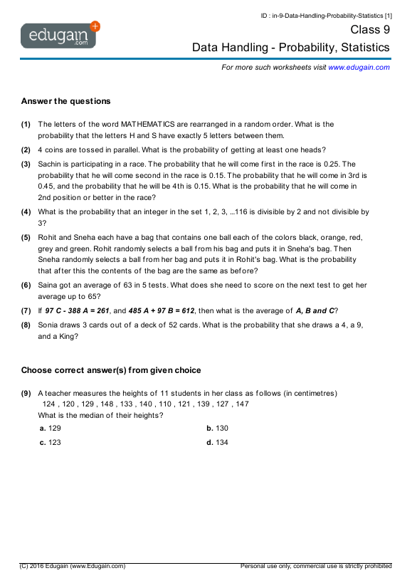Grade 9 Math Worksheets and Problems Data Handling Probability