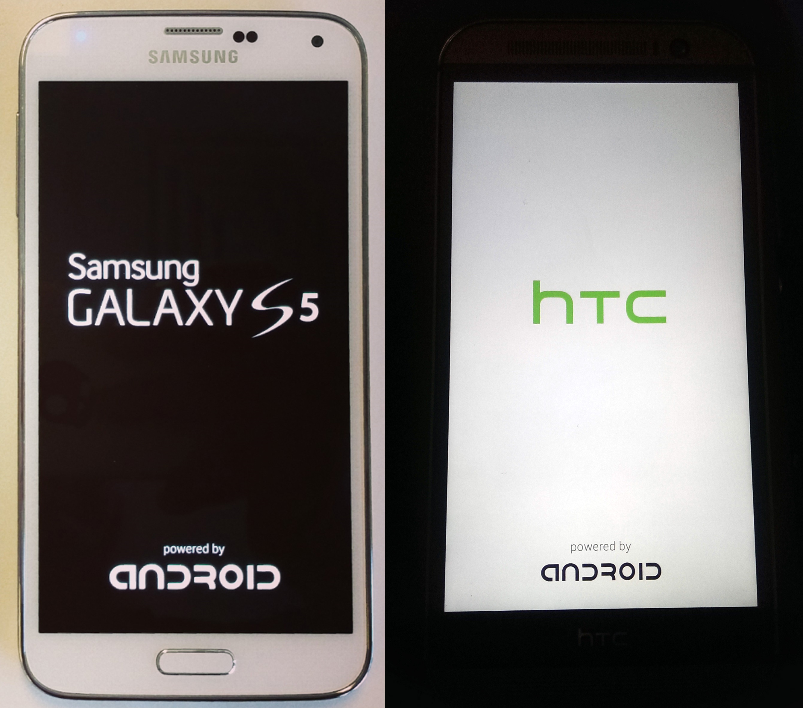 Powered by Android branding on the Samsung Galaxy S5 and HTC One M8