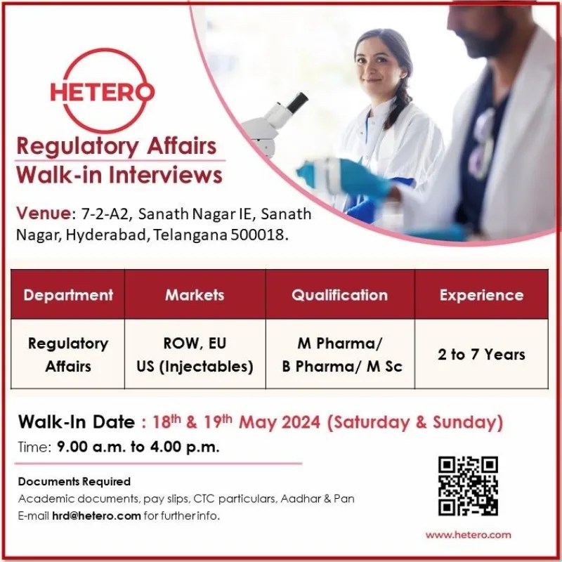 HETERO Hiring For Regulatory Affairs Bangalore & Hyderabad On 19th May 2024