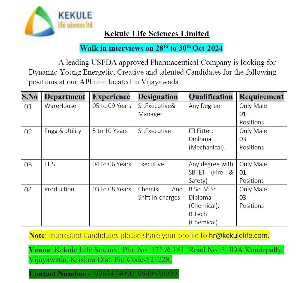 Kekule Life Sciences Hiring for Production / EHS / Warehouse