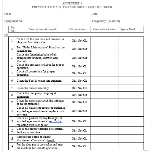 Steam Boiler Inspection Checklist