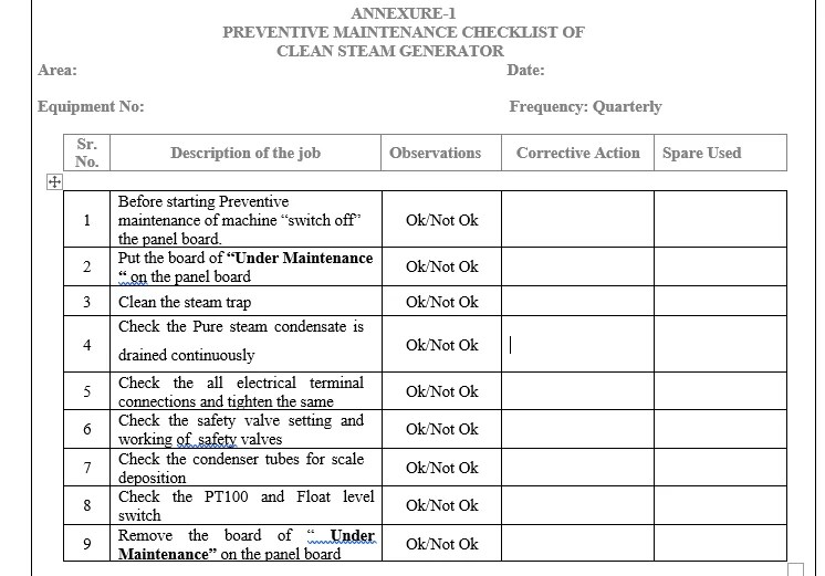 Steam Boiler Inspection Checklist