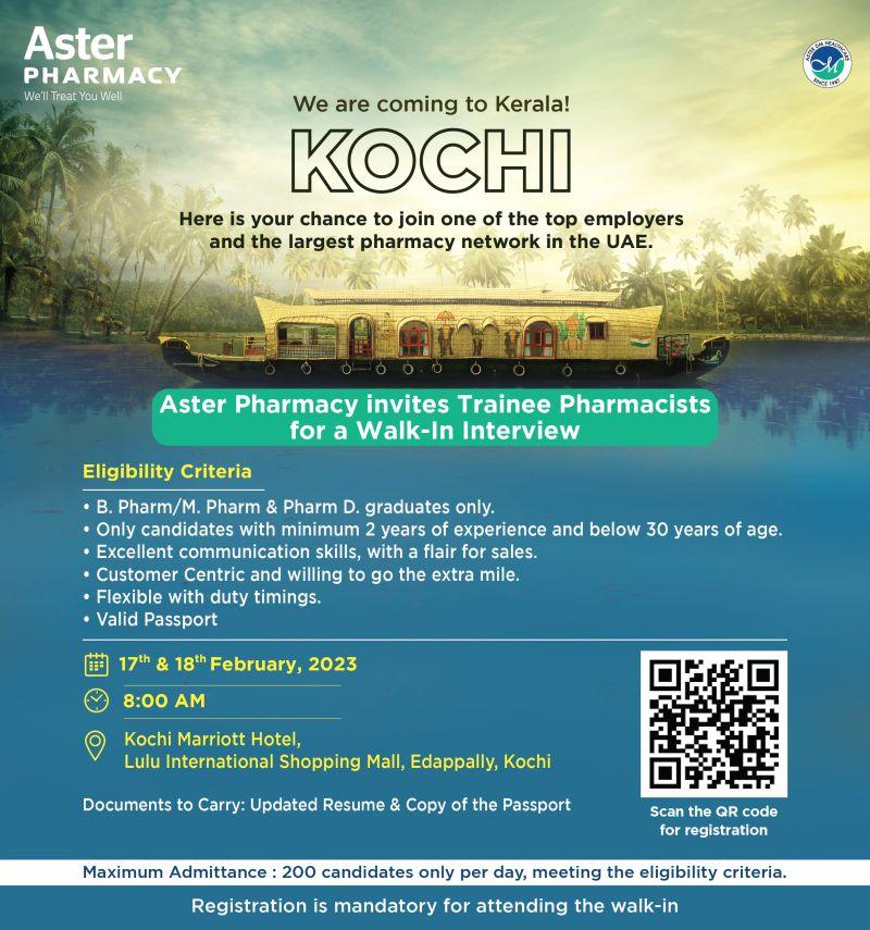 Aster Pharmacy, UAE Walk In Interview for FRESHERS B.Pharm/ M. Pharm