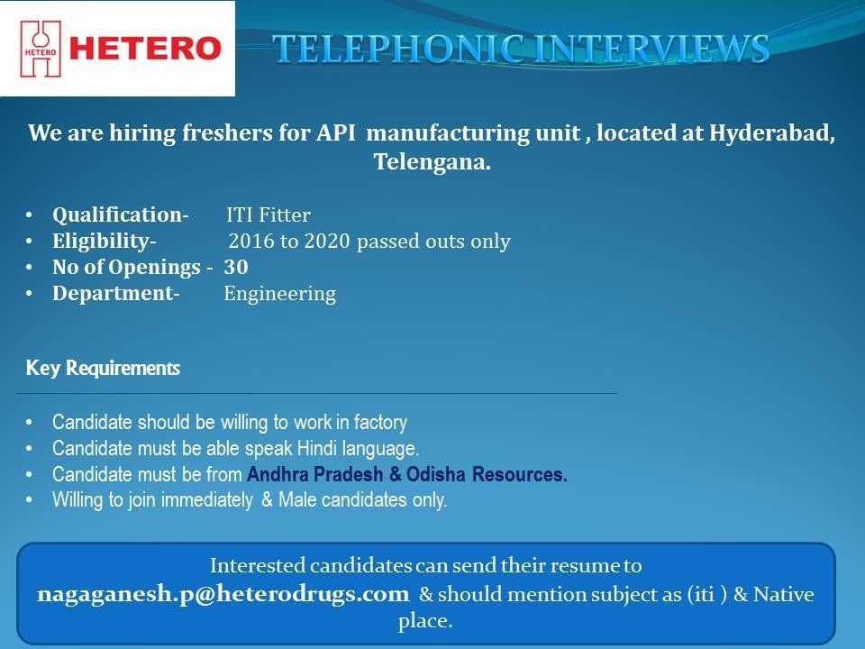 Fitter resume samples with headline, objective statement, description and skills examples. Hetero Labs Limited Telephonic Interviews For Iti Freshers Engineering Department Apply Now Pharmaceutical Guidance
