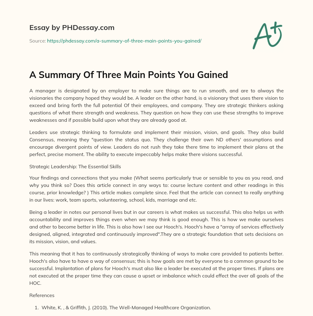 A Summary Of Three Main Points You Gained (400 Words)