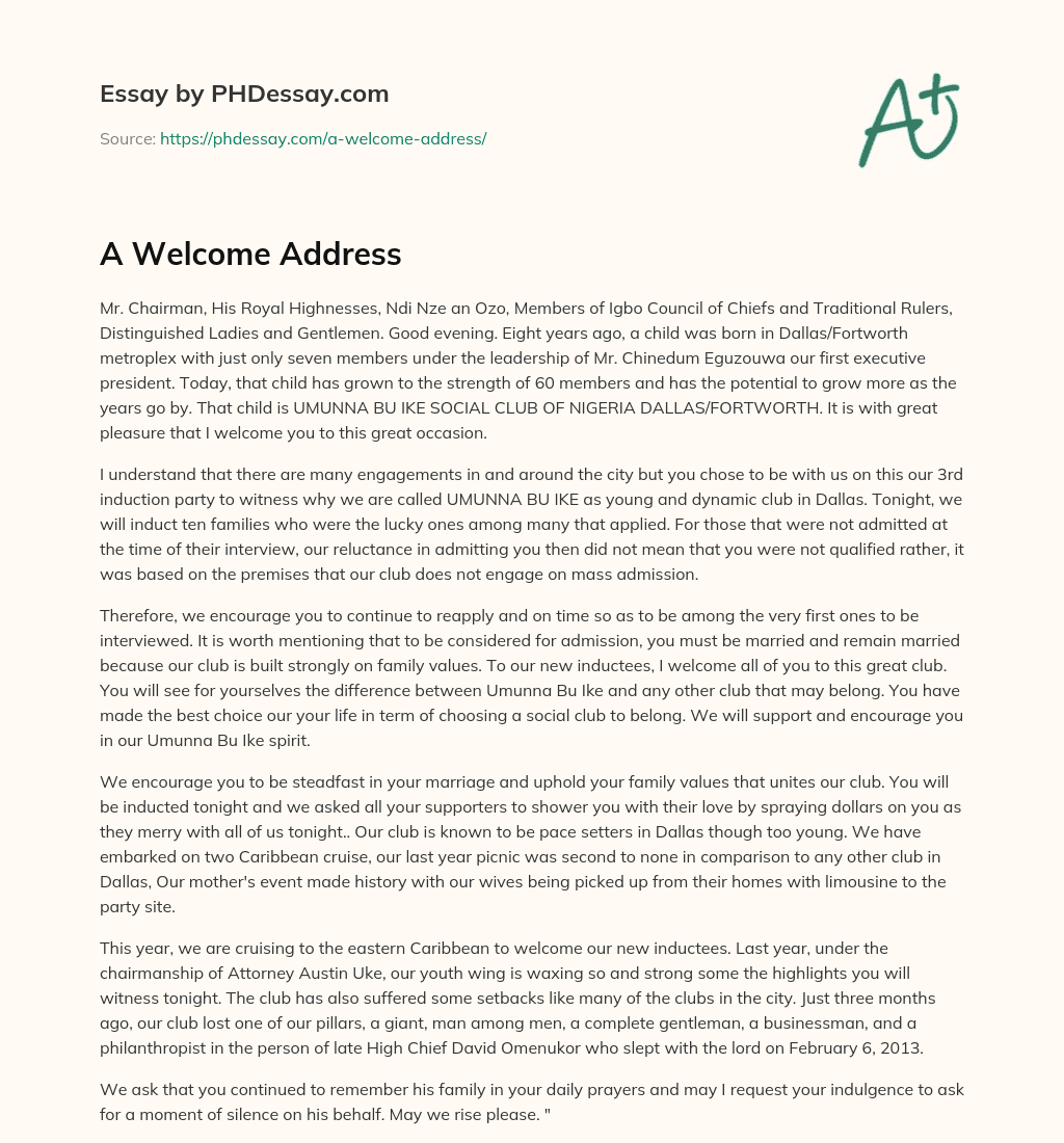 A Address (600 Words)