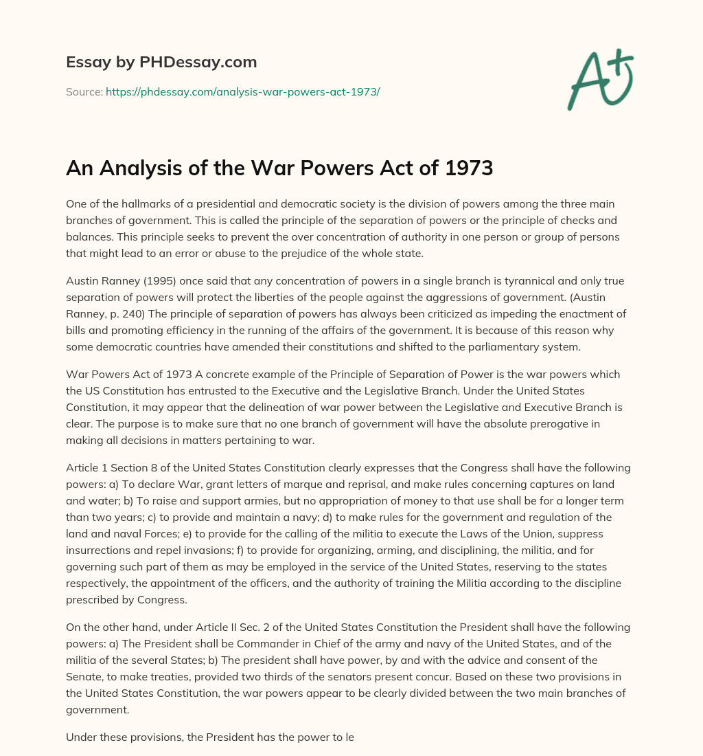 An Analysis Of The War Powers Act Of 1973 Definition Example