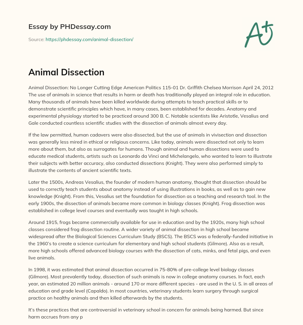 Animal Dissection Essay Example