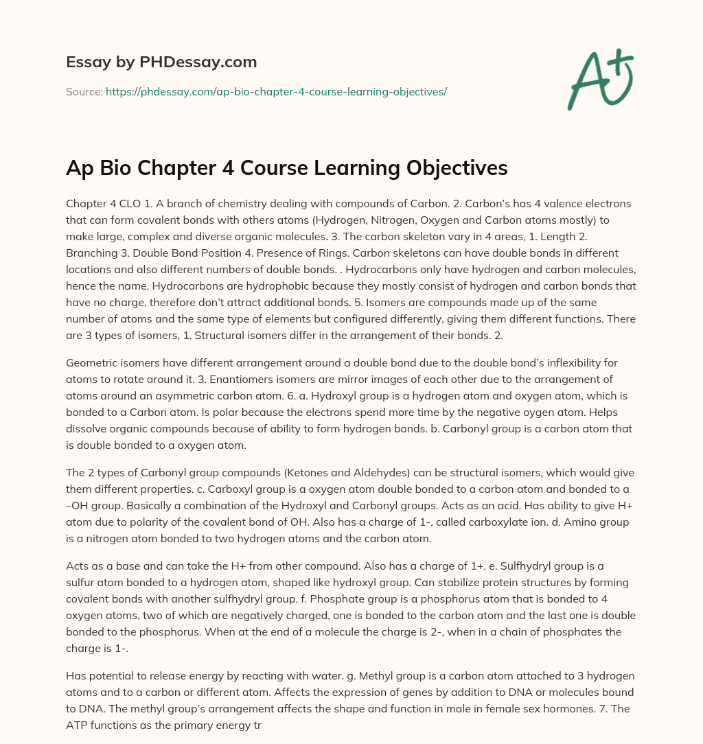 Ap Bio Chapter 4 Course Learning Objectives (500 Words)