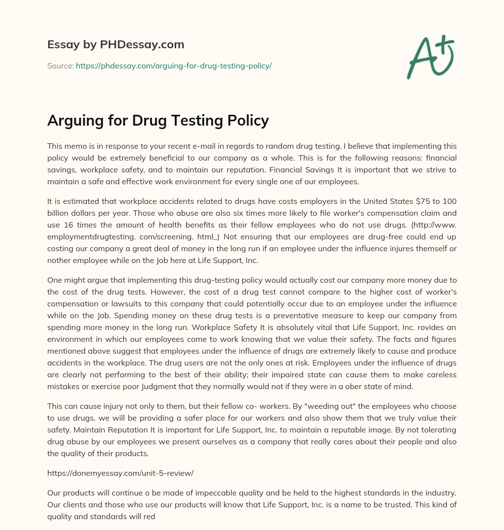 Arguing for Drug Testing Policy (500 Words)