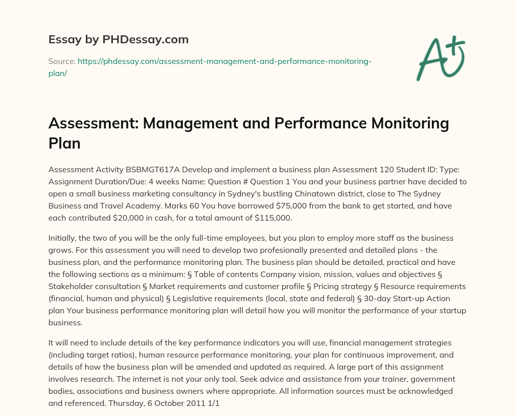Assessment Management and Performance Monitoring Plan (300 Words