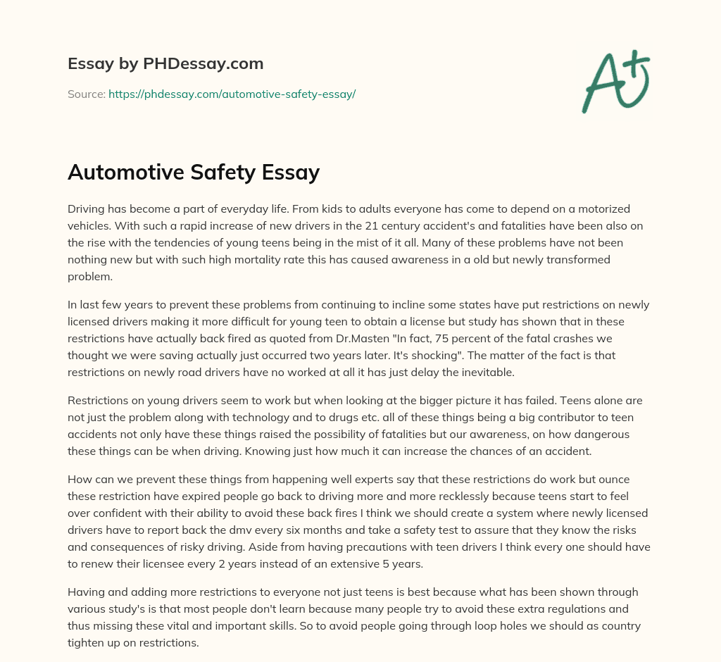 Automotive Safety Essay (400 Words)