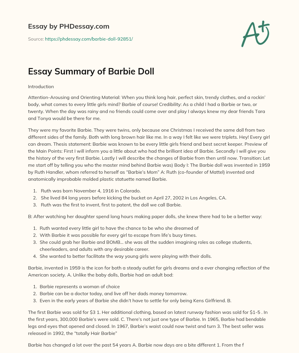 Essay Summary of Barbie Doll