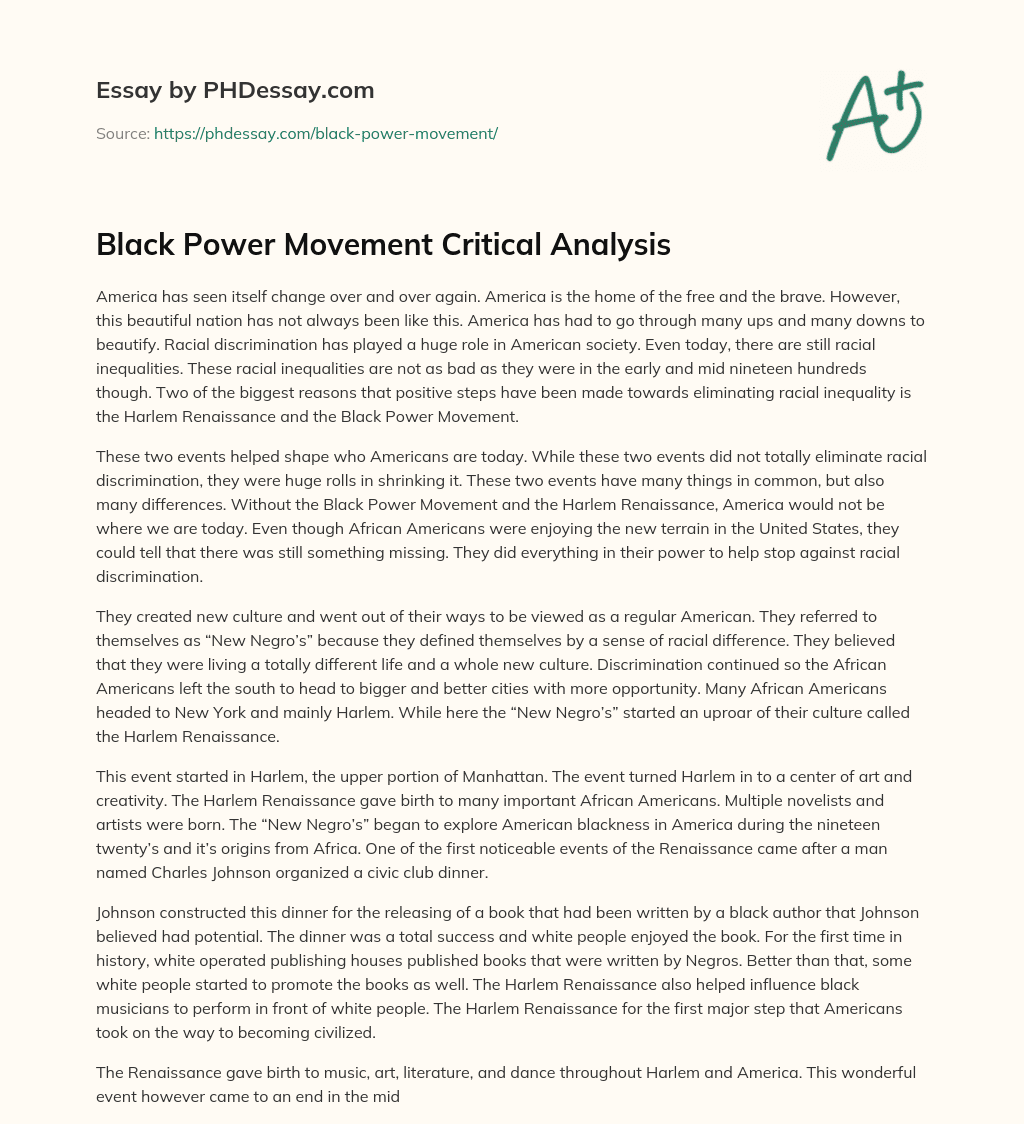Black Power Movement Critical Analysis Essay Example