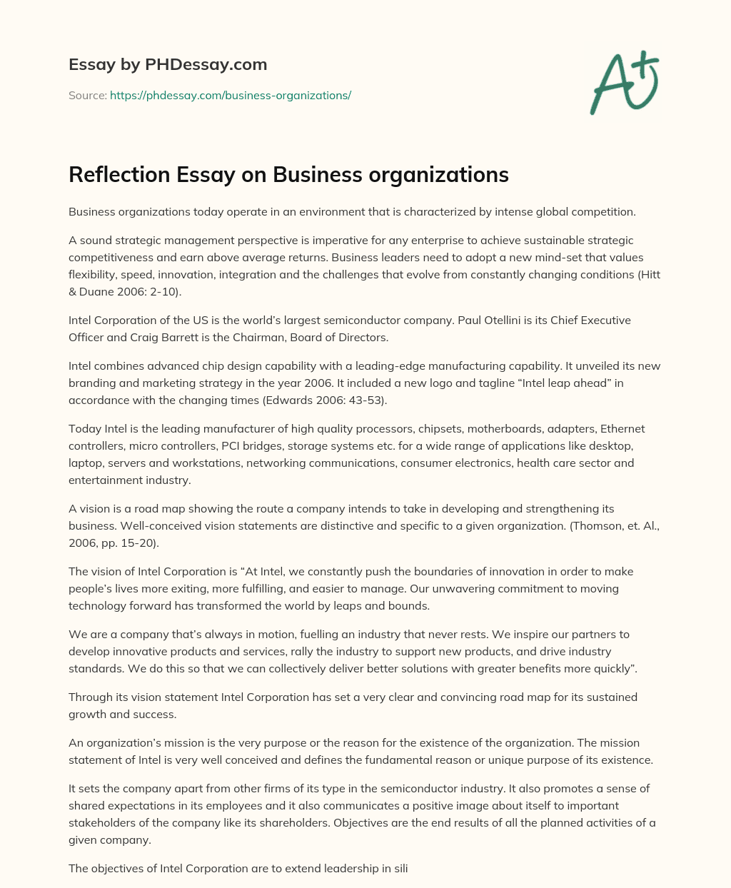 Reflection Essay on Business organizations
