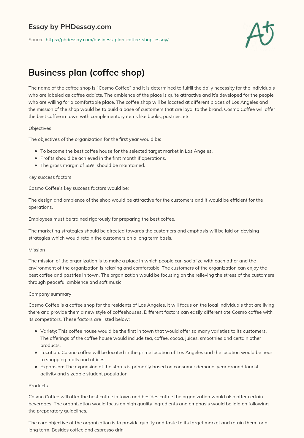 Business Plan (Coffee Shop) Essay Example
