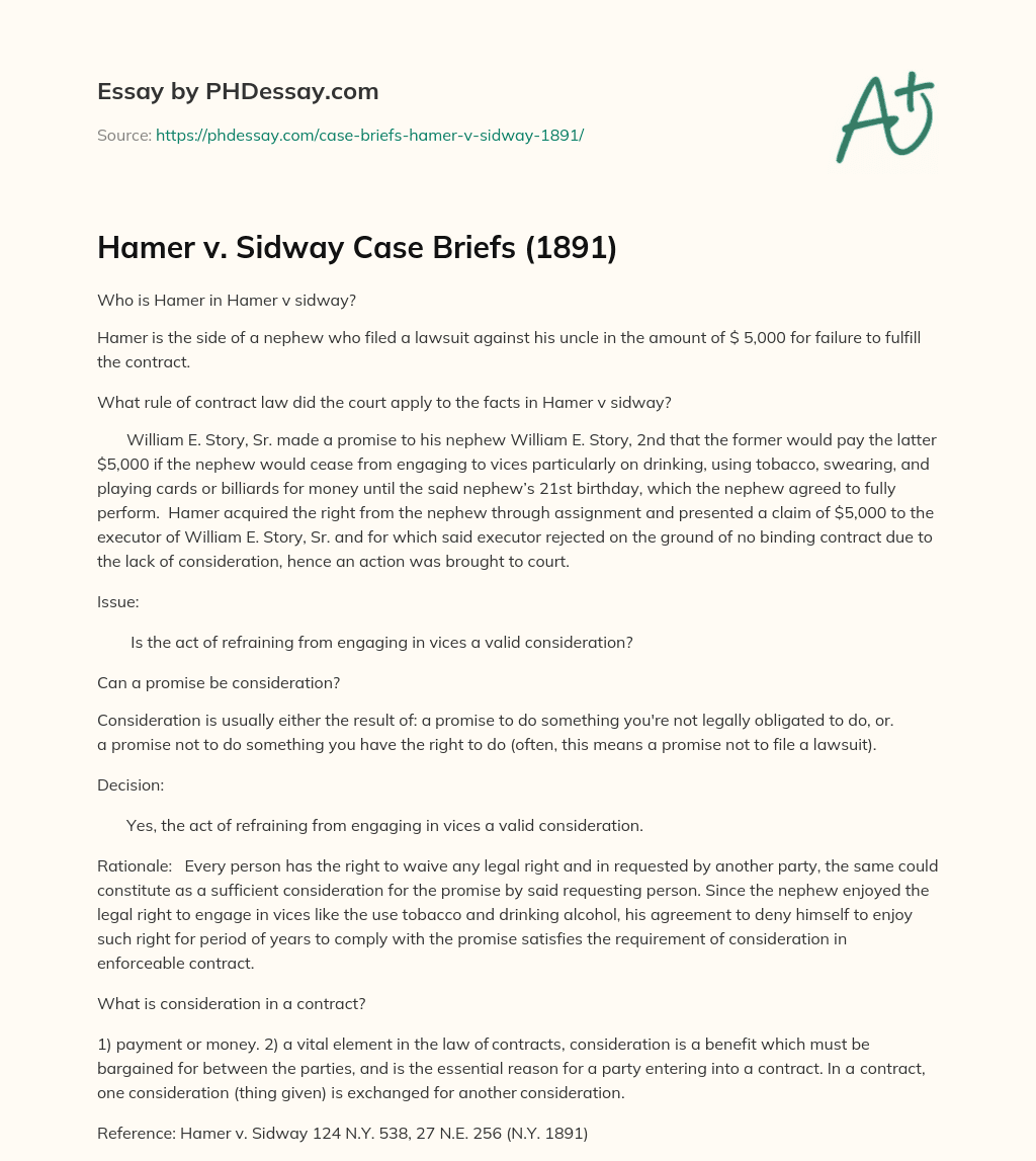 Hamer v. Sidway Case Briefs (1891) (400 Words)