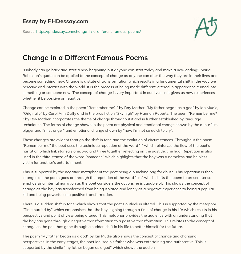 Change In A Different Famous Poems Analysis Example