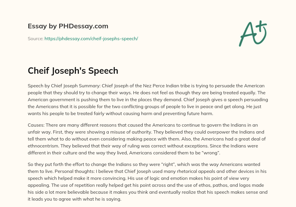 Cheif Joseph'S Speech Summary Example (300 Words)