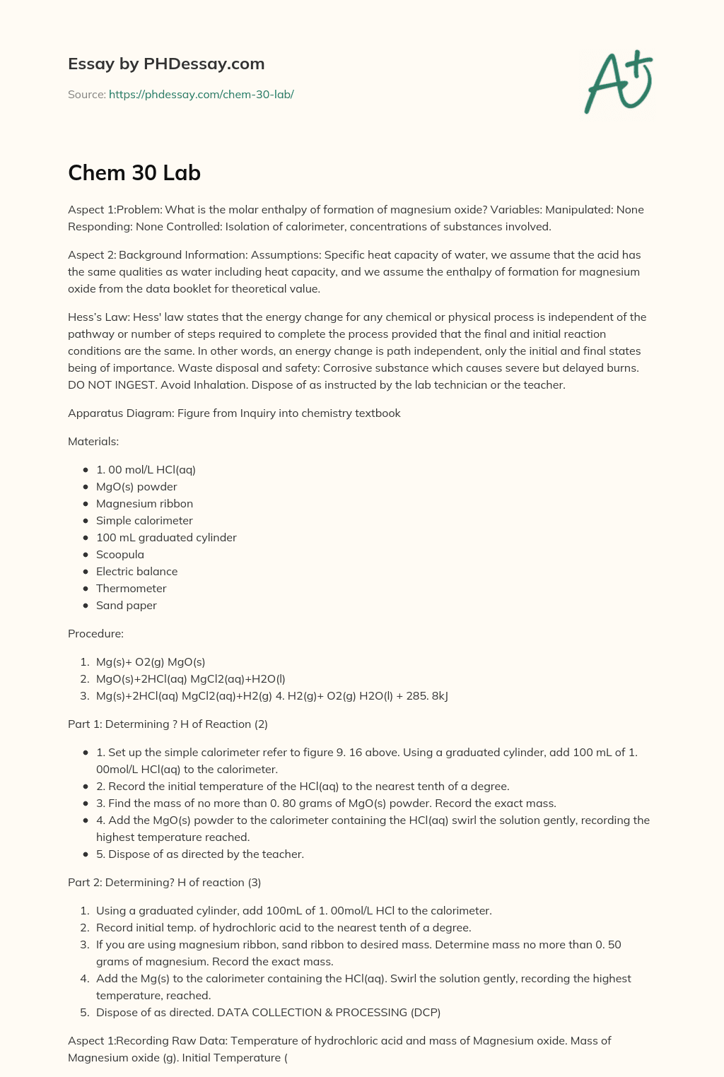 Chem 30 Lab (500 Words)