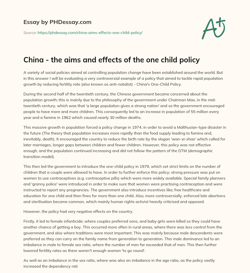 China the aims and effects of the one child policy