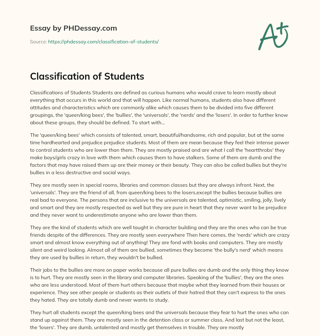 Classification of Students (600 Words)