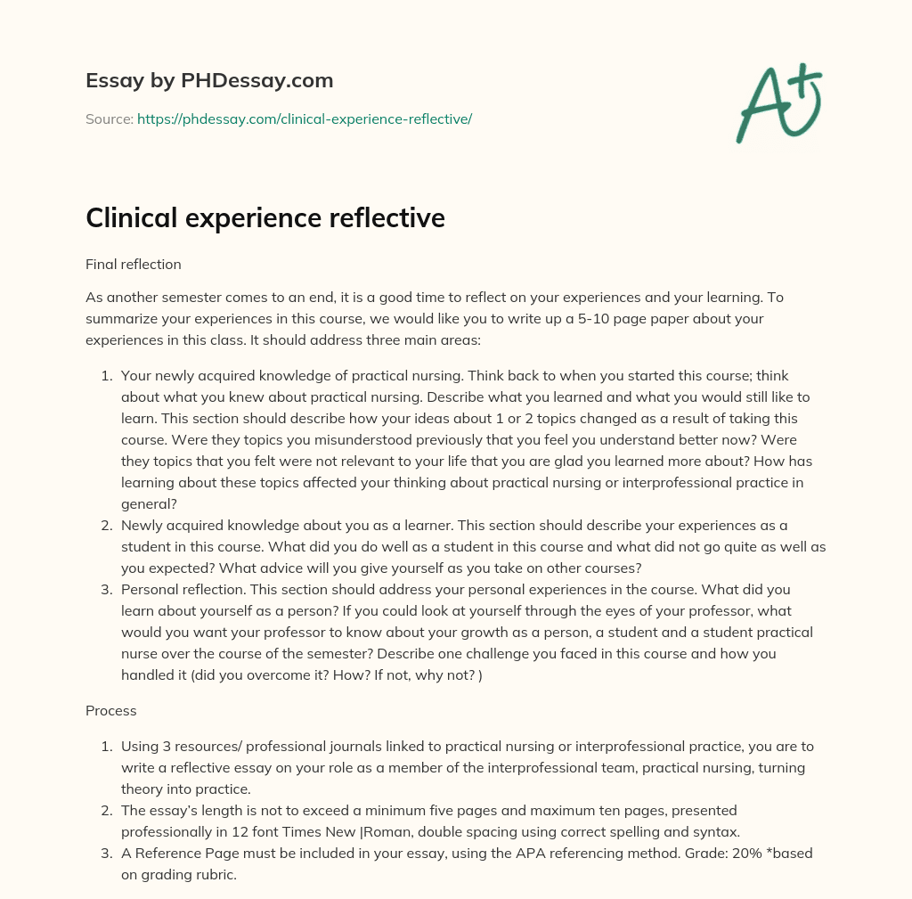 Clinical Experience Reflective Essay Example (400 Words)
