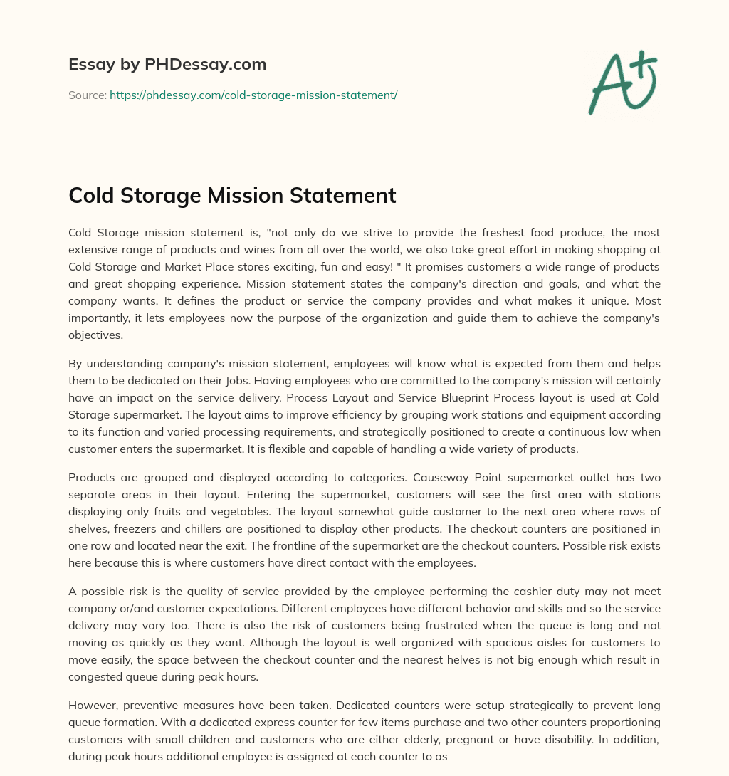 Cold Storage Mission Statement