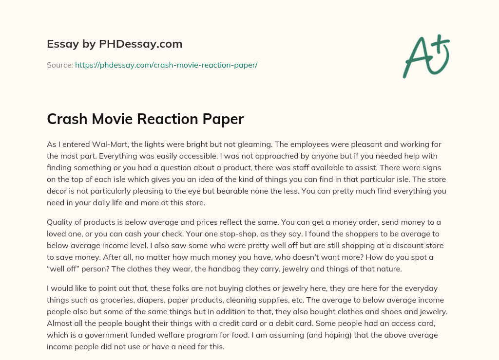 Crash Movie Reaction Paper (300 Words)