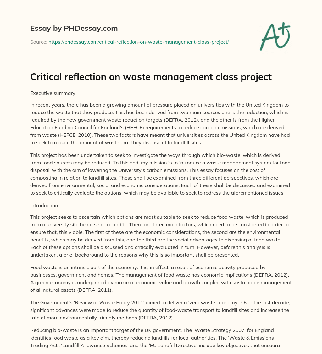 Critical Reflection On Waste Management Class Project Essay Example