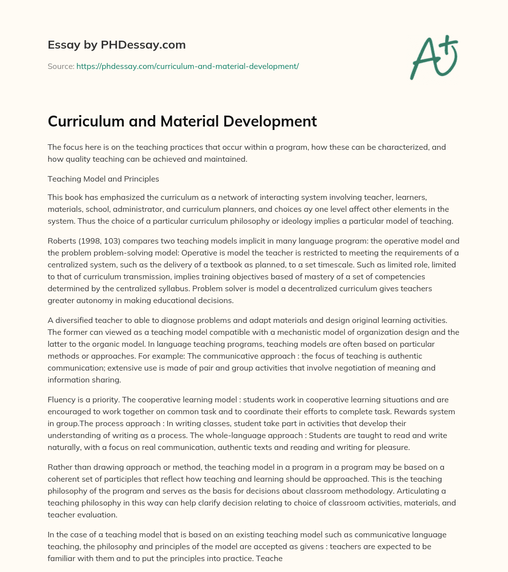 Curriculum And Material Development Essay Example
