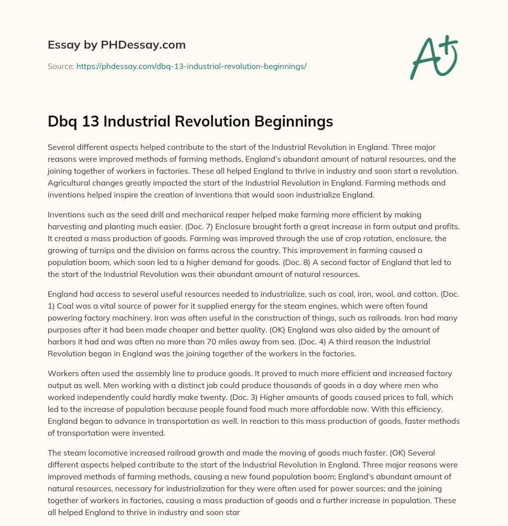 Dbq 13 Industrial Revolution Beginnings (500 Words)