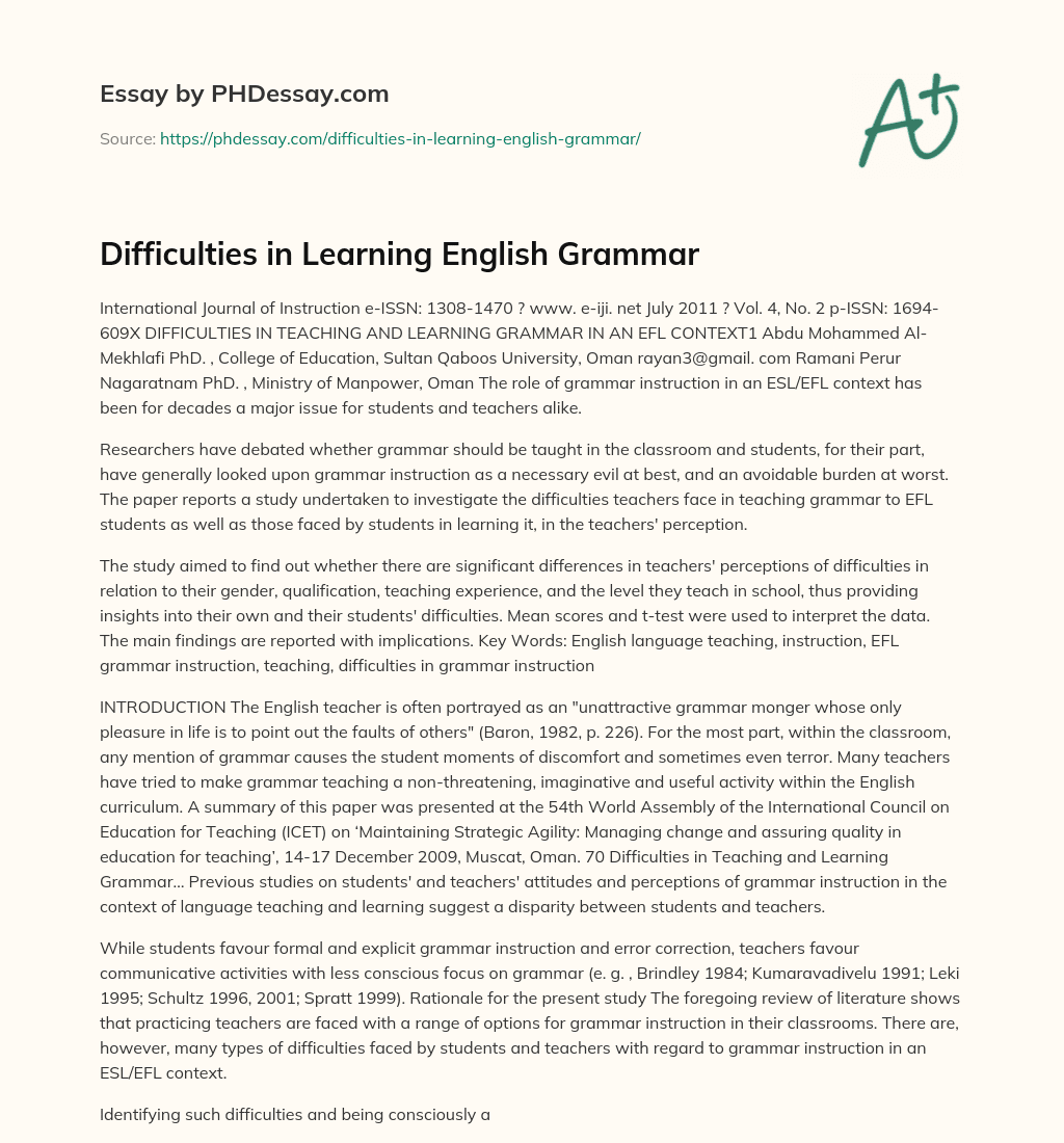 Difficulties In Learning English Grammar Essay Example
