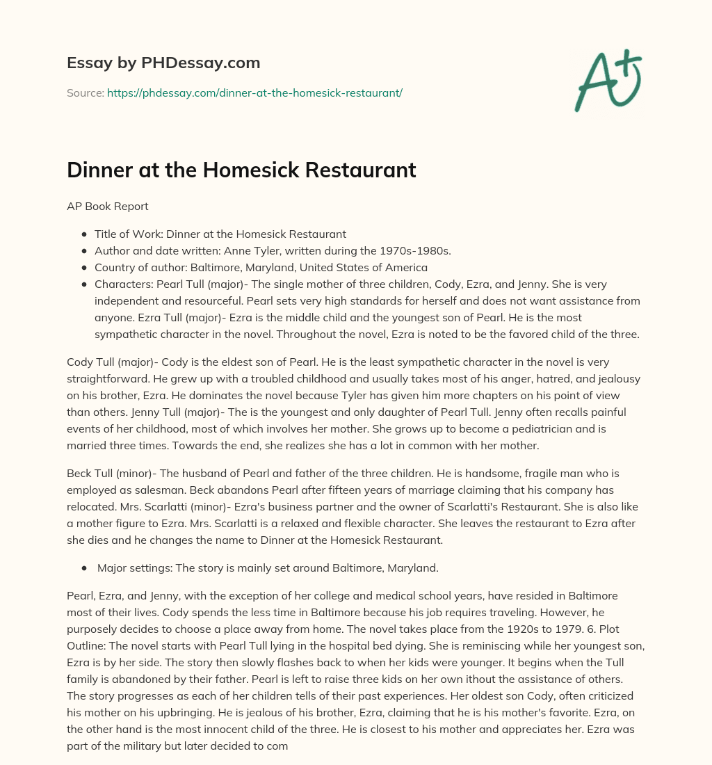 Dinner At The Homesick Restaurant Summary Example