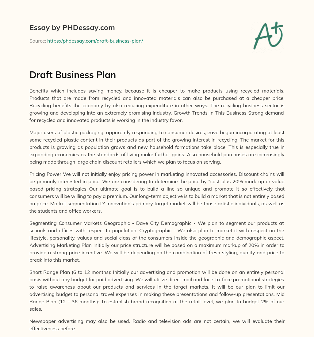 Draft Business Plan (500 Words)