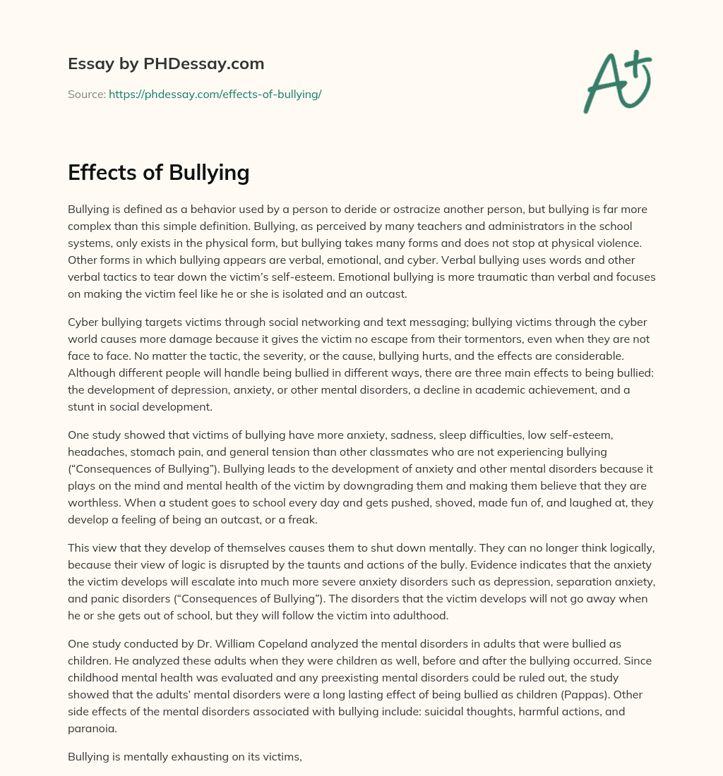 Effects Of Bullying Cause And Effect Essay Example